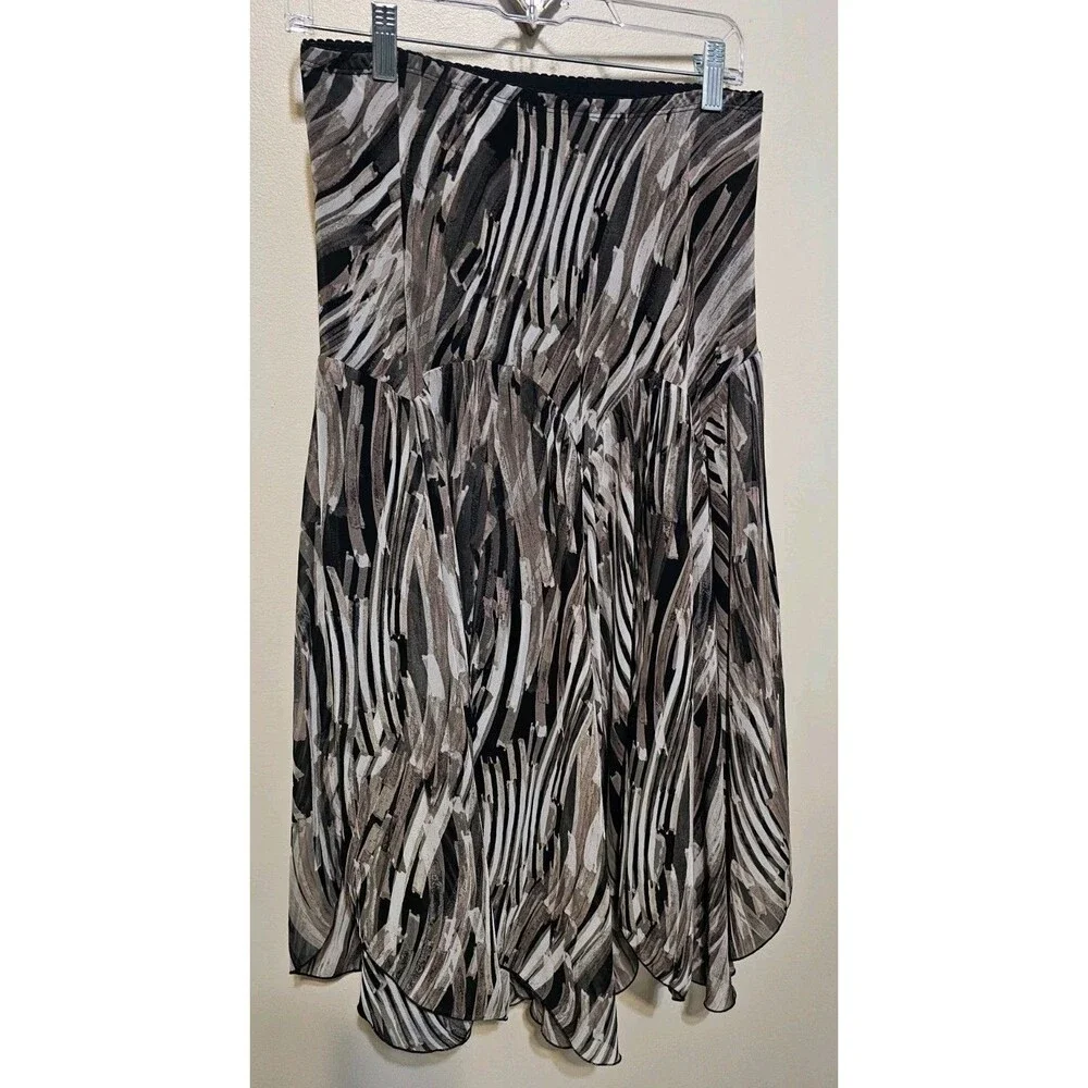 Susan Graver Printed Midi Skirt SZ Brown Black Abstract Asymmetrical Hem Lined